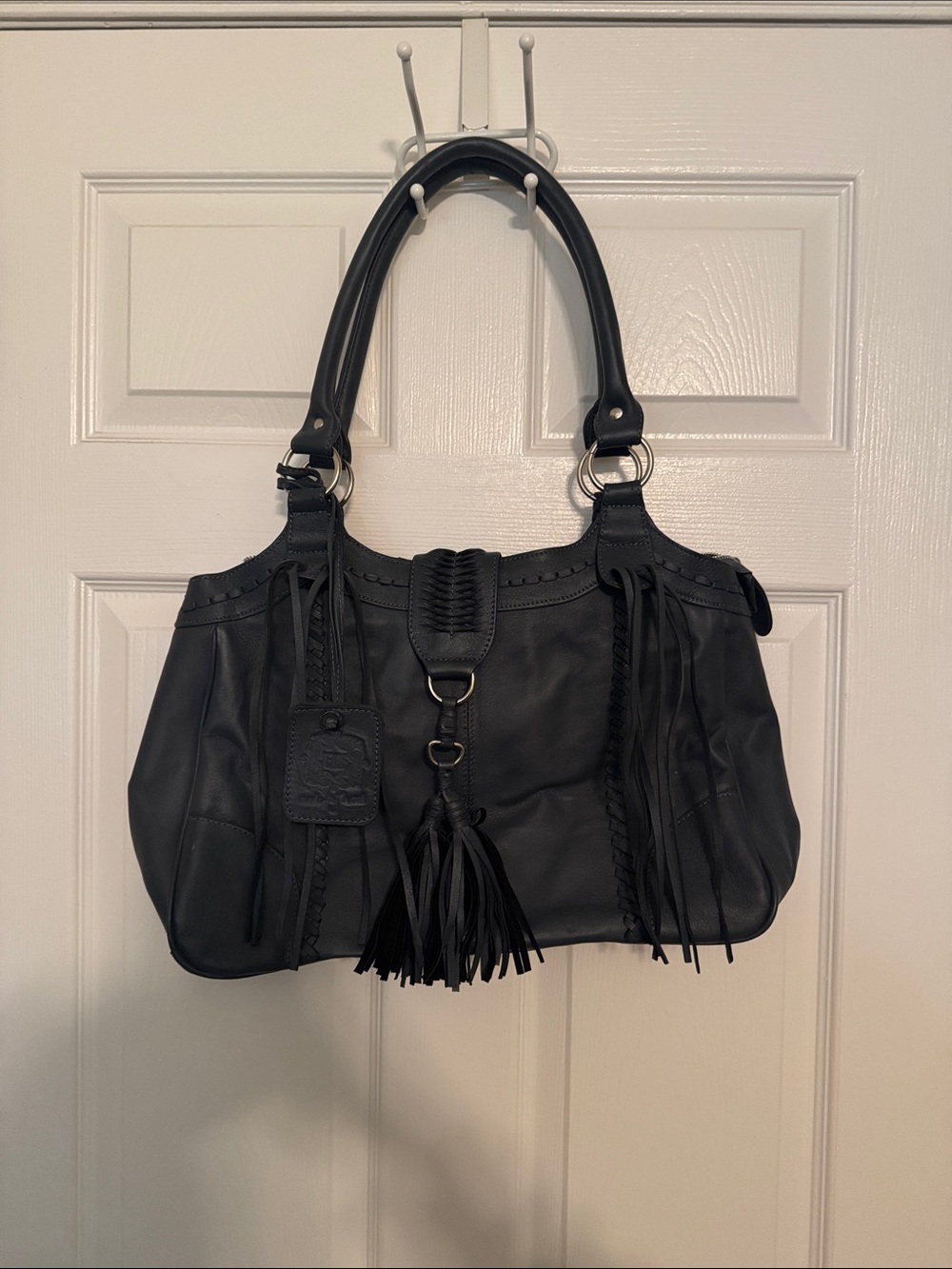 Women's Dark Gray Leather Tassel Shoulder Bag